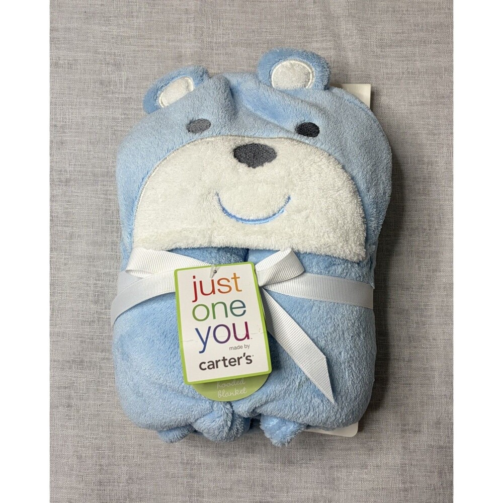 Carters Hooded Blanket 36”x36” Blue Bear Baby Boy Nursery Infant Shower Gift NWT